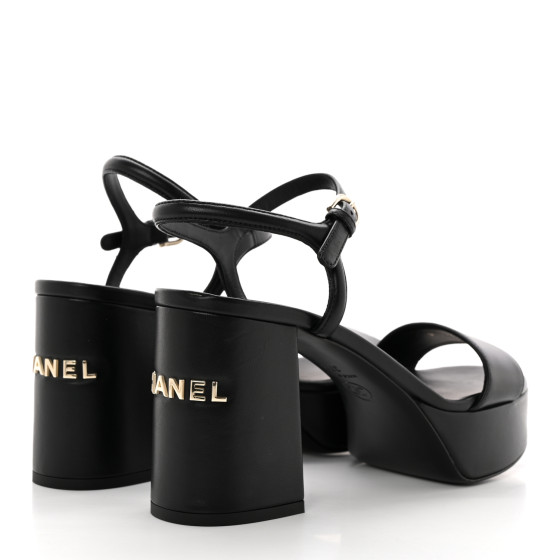 CHANEL Lambskin Logo Platform Sandals 37.5 Black 1346080