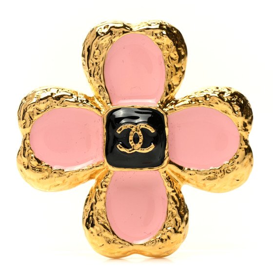 CHANEL Resin Metal Glass CC Clover Brooch Gold Black Pink