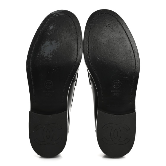 CHANEL Shiny Calfskin CC Loafers Black White 39.5 Black