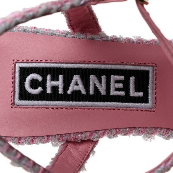 CHANEL Tweed Crystal CC Platform Sandals 38 Light Pink