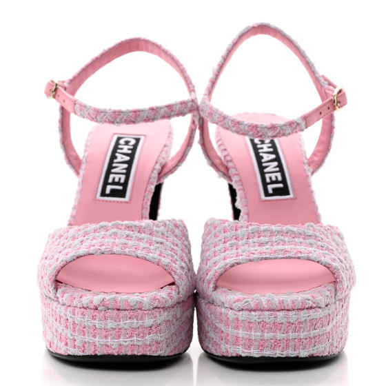 CHANEL Tweed Crystal CC Platform Sandals 38 Light Pink