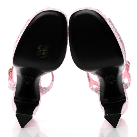 CHANEL Tweed Crystal CC Platform Sandals 38 Light Pink