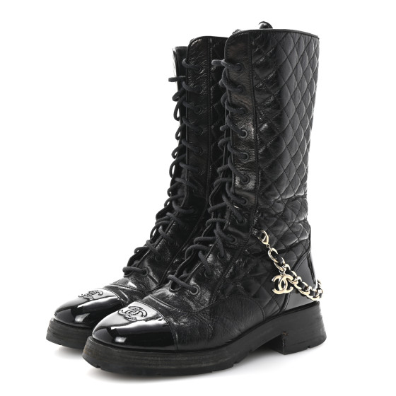 CHANEL Shiny Calfskin Patent Quilted Chain Lace Up Combat
