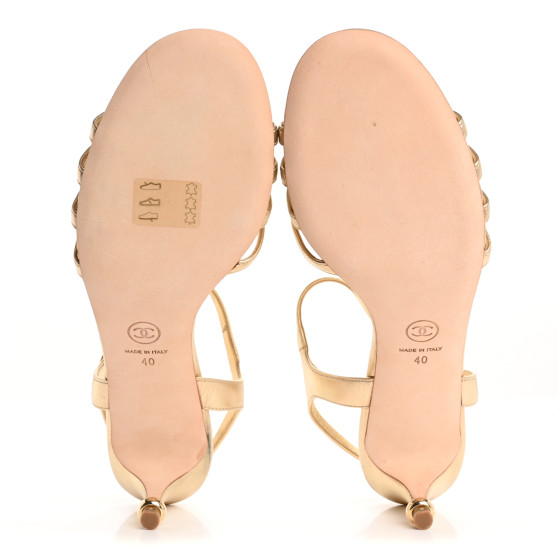 シャネルヒール CHANEL Metallic Lambskin Camellia Sandals 40 Gold 1693584