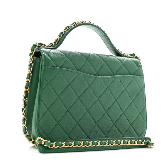 CHANEL Lambskin Quilted Chain Infinity Top Handle Flap Green