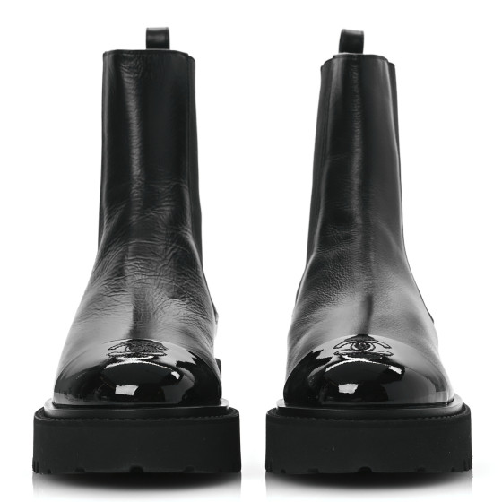 CHANEL Crumpled Calfskin Patent Cap Toe Short Boots 39.5