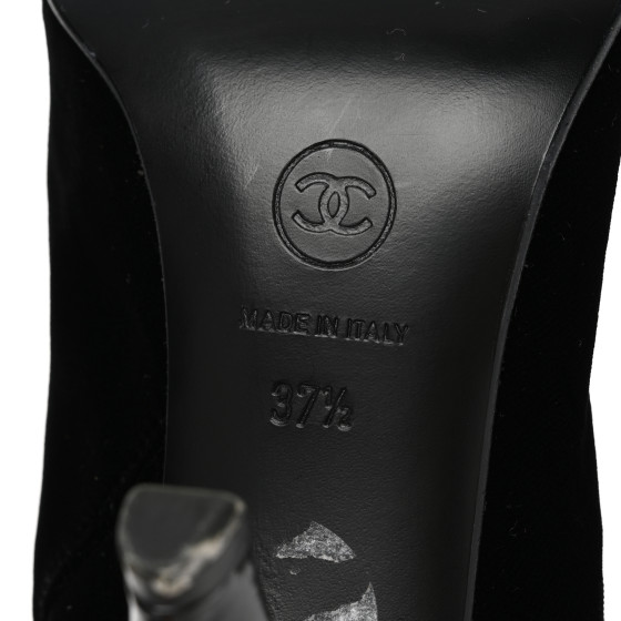 CHANEL Velvet Patent Cap Toe Knee High Boots 37.5 Black