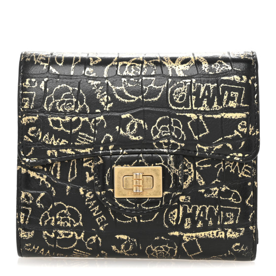 CHANEL Calfskin Crocodile Embossed Graffiti 2.55 Cocodile Reissue Compact Wallet Black Gold
