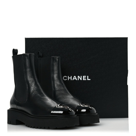 CHANEL Crumpled Calfskin Patent Cap Toe Short Boots 39.5