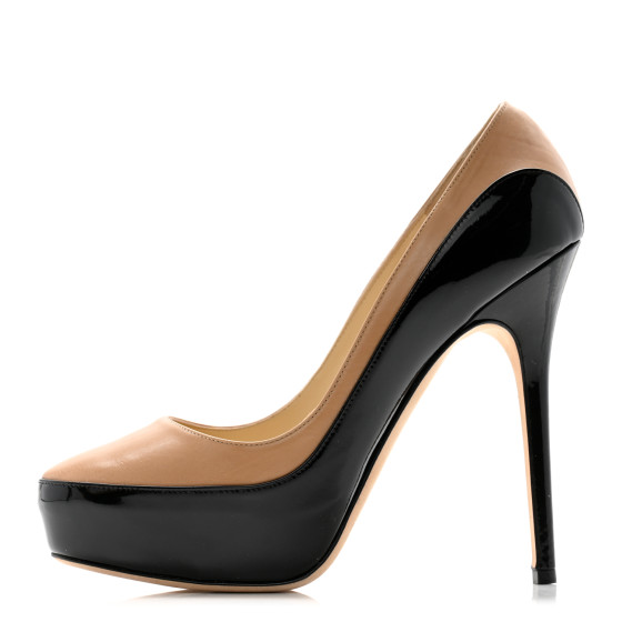 JIMMY CHOO Patent Napa Sepia Platform Pumps 38 Beige Black
