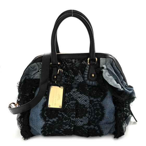 DOLCE GABBANA Denim Lace Calfskin Ruffled Miss Rouche Satchel Blue ...