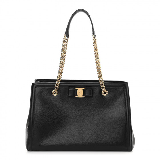 SALVATORE FERRAGAMO Hammered Calfskin Vara Bow Chain Tote