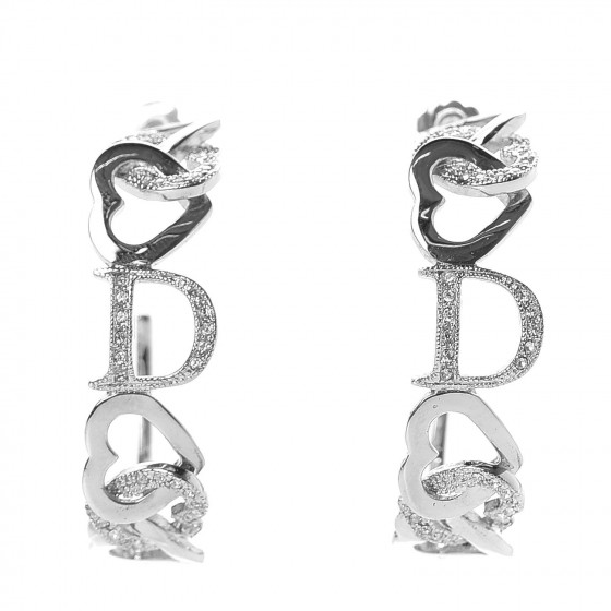 CHRISTIAN DIOR Crystal Heart Hoop Earrings Silver 607977
