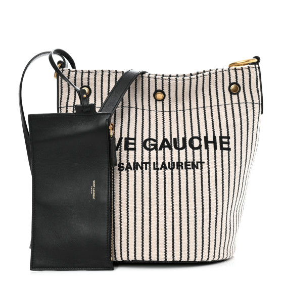 SAINT LAURENT Linen Calfskin Striped Rive Gauche Bucket Bag