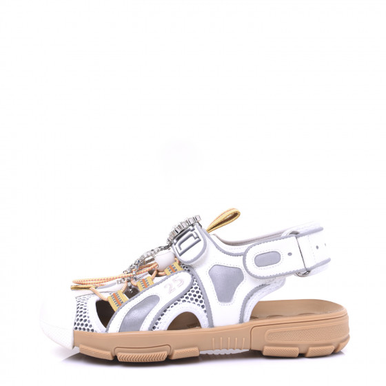 GUCCI Mesh Fabric Tinsel Sport Sandals 37.5 White Silver