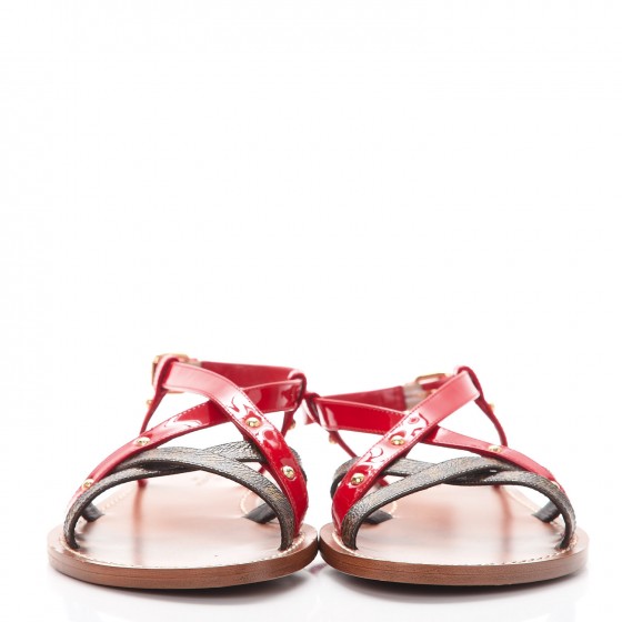 LOUIS VUITTON Monogram Patent Carimbo Flat Sandals 37.5 Red