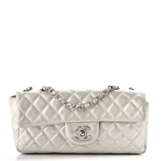 CHANEL Metallic Lambskin Quilted East West Flap Silver