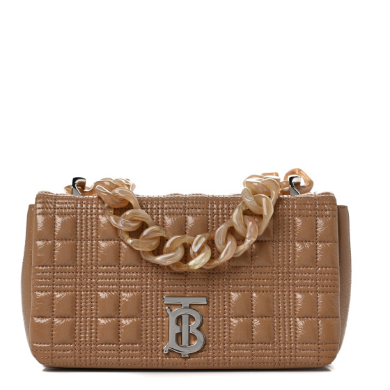 BURBERRY Patent Quilted Resin Chain Small Lola Bag Tan