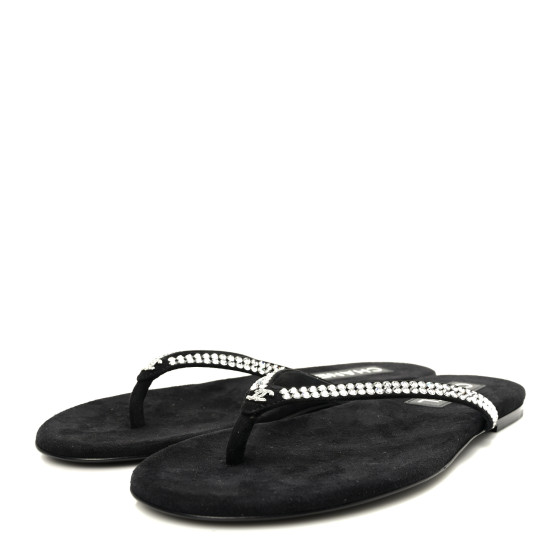 CHANEL Suede Kidskin Strass CC Thong Sandals 38.5 Black