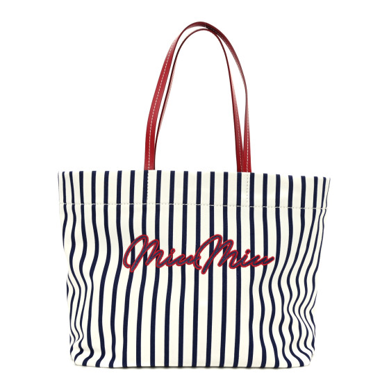 MIU MIU Canvas Denim Striped Logo Tote White Blue 1614361