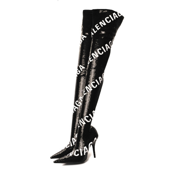BALENCIAGA Sequin Spandex Logo 110mm Knife Thigh High Boots