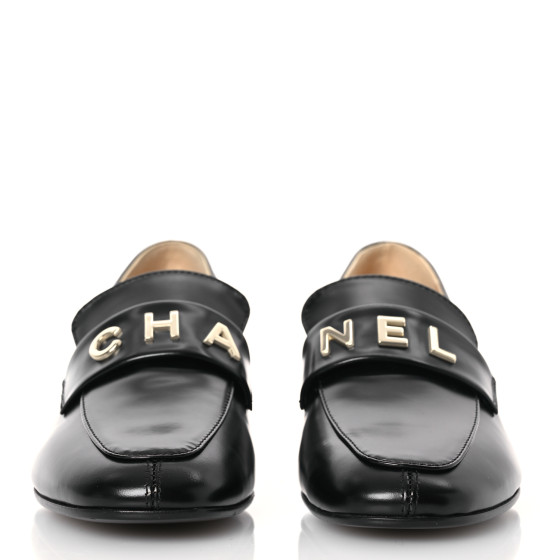 CHANELローファー37.5 CHANEL Shiny Calfskin Logo Loafers 37.5 Black 1613699