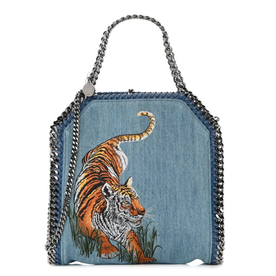 STELLA MCCARTNEY Denim Embroidered Tiger Mini Falabella Tote
