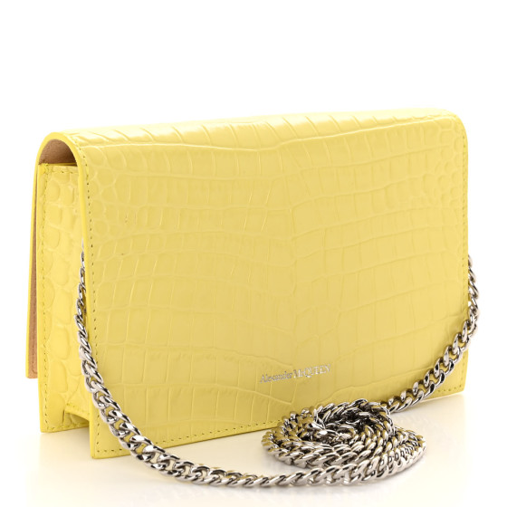 【関税&送料込】Alexander Mcqueen Pastel Yellow Leather Mini ALEXANDER MCQUEEN Calfskin Crocodile Embossed Skull Mini