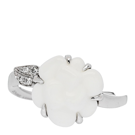 CHANEL 18K White Gold Diamond Agate Camellia Ring 52 6