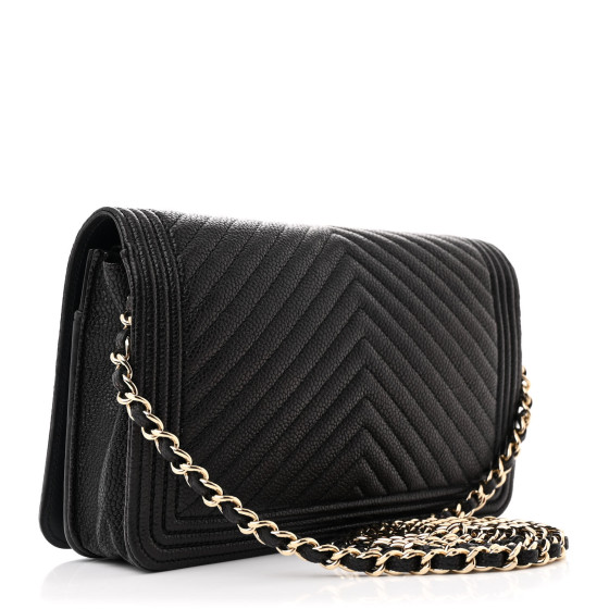 CHANEL Caviar Chevron Quilted Boy Wallet On Chain WOC Black