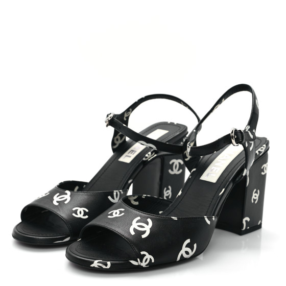 CHANEL Printed Lambskin CC Platform Sandals 39.5 Black White