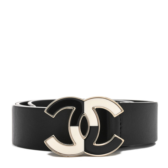 CHANEL Calfskin Metal Enamel CC Belt 75 30 Black White