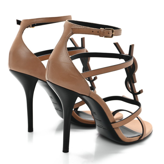 SAINT LAURENT Calfskin Cassandra 100 Sandals 38 Gold Brown