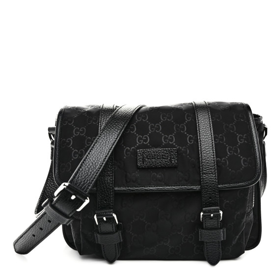Gucci ブラックナイロンメッセンジャーバッグ GUCCI Nylon Monogram Double Buckle Flap Messenger Bag Black