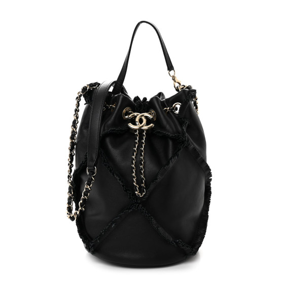 CHANEL Lambskin Quilted Fringe CC Chain Bucket Drawstring