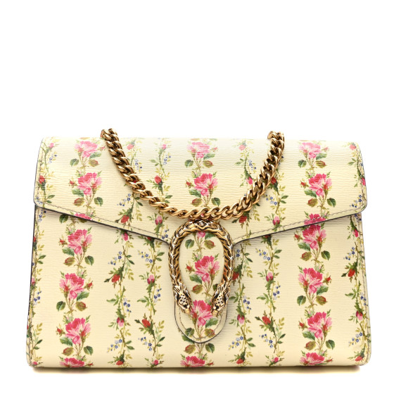 GUCCI Calfskin Floral Print Mini Dionysus Chain Wallet Ivory