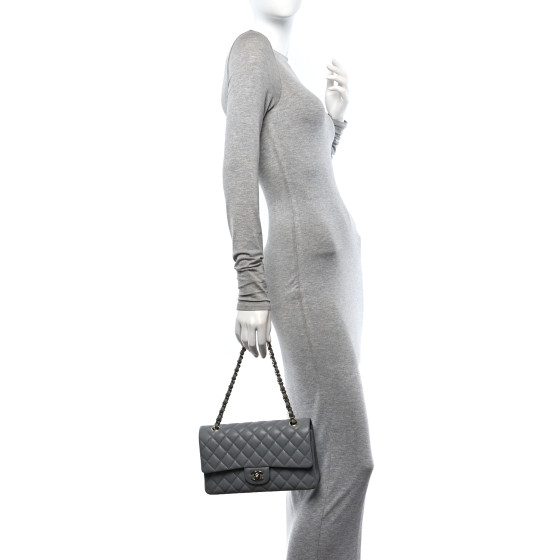 CHANEL Caviar Quilted Medium Double Flap Grey