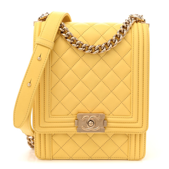 CHANEL Lambskin Quilted North South Boy Flap Yellow