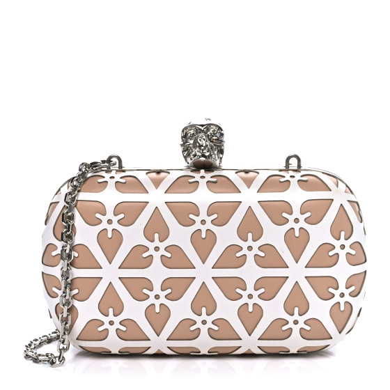 ALEXANDER MCQUEEN Nappa Laser-Cut Skull Box Chain Clutch Nude White