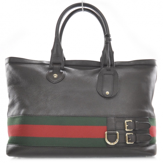 GUCCI Leather Large Web Heritage Tote Dark Brown 26949 | FASHIONPHILE