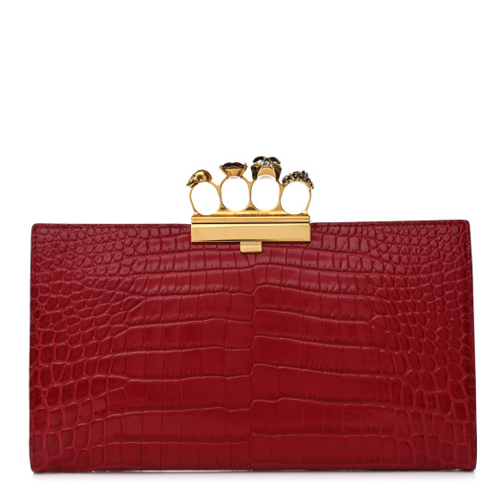 ALEXANDER MCQUEEN Calfskin Crocodile Embossed Knuckle Flat Clutch Red