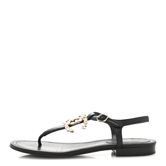 CHANEL Calfskin Pearl Crystal CC Charm Thong Sandals 36.5