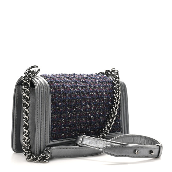 CHANEL Tweed Metallic Lambskin Medium Boy Flap Silver