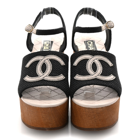 CHANEL Fabric Calfskin Platform Wedge Sandals 37 Black