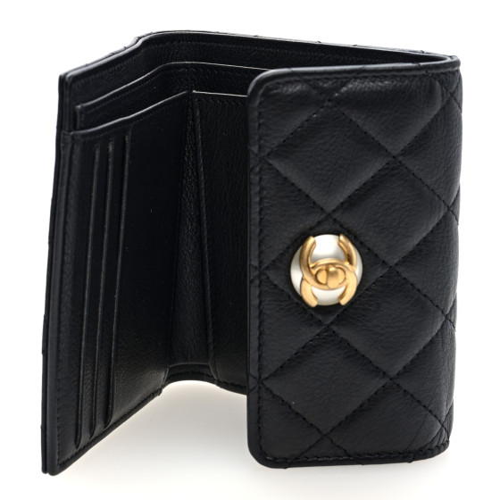 CHANEL Calfskin Quilted Pearl CC Medium Flap Wallet Black