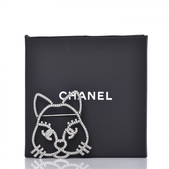 CHANEL Strass Crystal Emoji Choupette Cat Brooch Silver