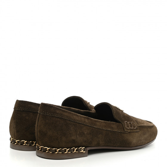 CHANEL Suede Calfskin CC Chain Mocassin Loafers 37.5 Brown