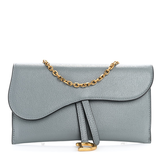 CHRISTIAN DIOR Goatskin Saddle Chain Wallet Pouch Cloud Blue