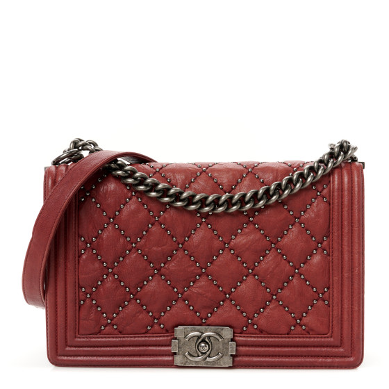 CHANEL Crumpled Lambskin New Medium Studded Boy Flap Red