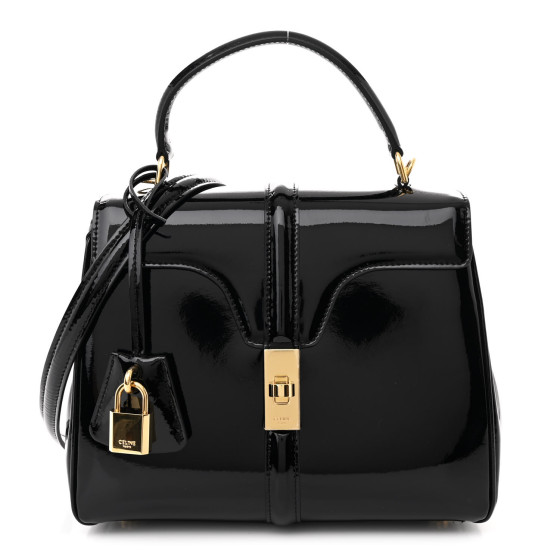 ハンドバッグ CELINE TOP HANDLE BAGS CELINE Patent Calfskin Small 16 Top Handle Bag Black 1657545
